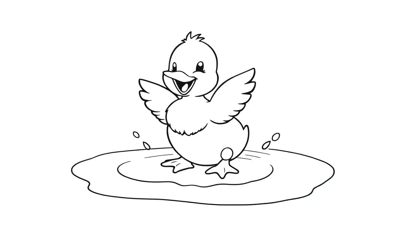 Placa de color de un patito feliz jugando en un charco de agua.