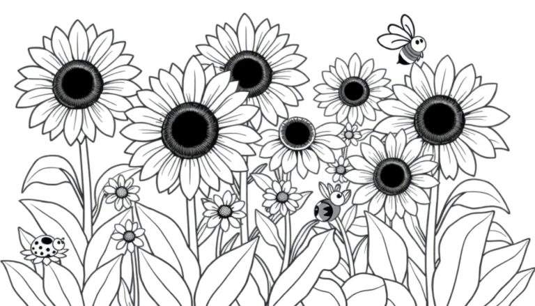 Placa de color de un campo de girasoles con abejas y mariquitas.