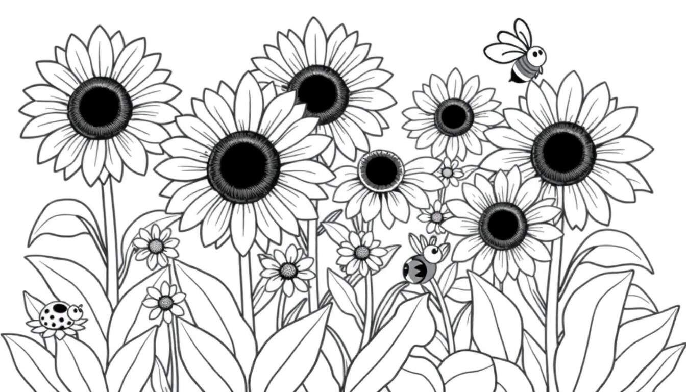Placa de color de un campo de girasoles con abejas y mariquitas.