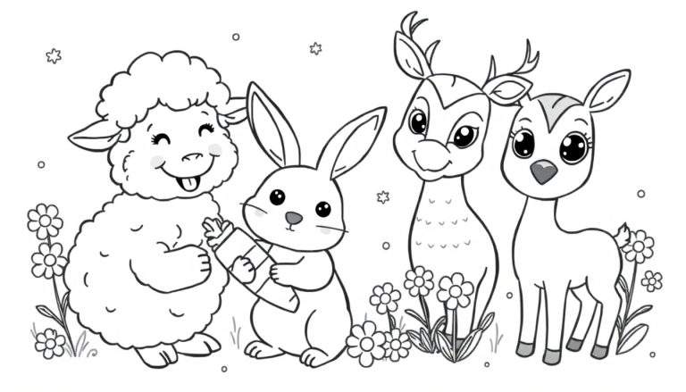 Placa de color con animales adorables para colorear: una oveja, un conejito y dos ciervos.