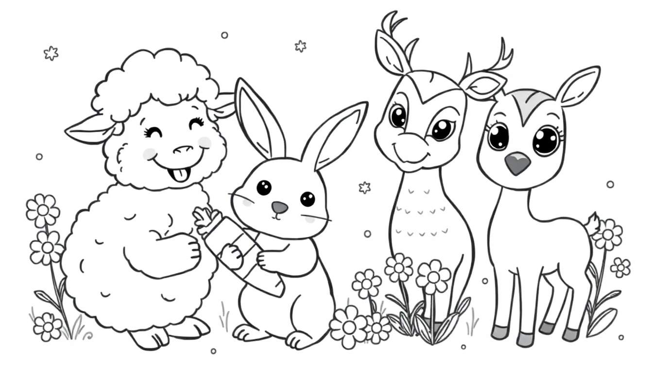 Placa de color con animales adorables para colorear: una oveja, un conejito y dos ciervos.