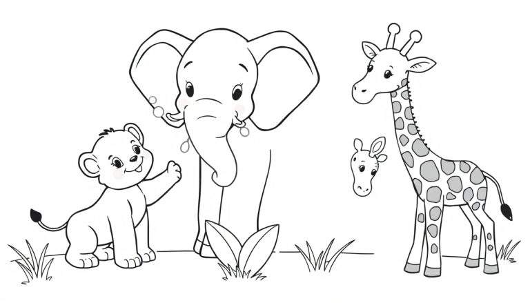 Placa de color con un cachorro de león, elefante y jirafa adorables para colorear.