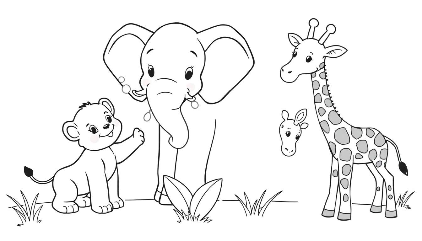 Placa de color con un cachorro de león, elefante y jirafa adorables para colorear.