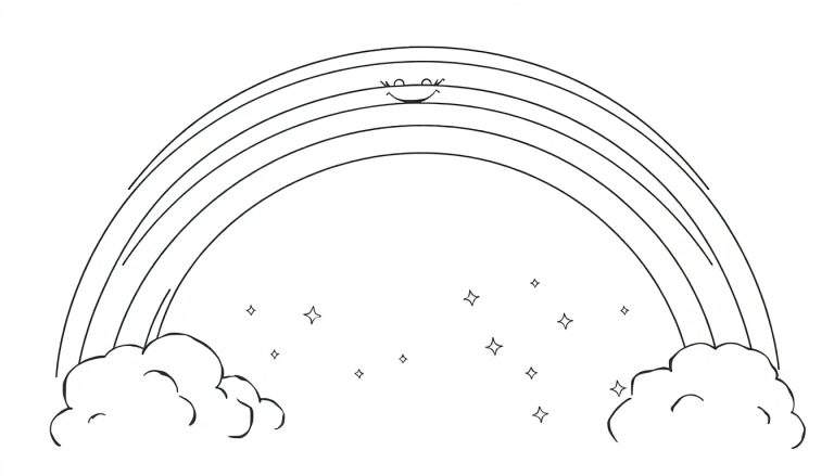 Placa de color de un arcoíris sonriente con nubes y estrellas.
