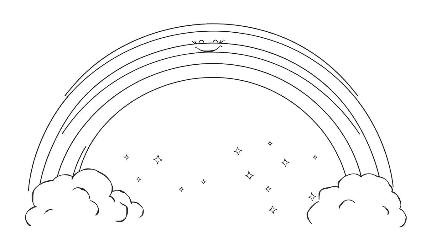 Placa de color de un arcoíris sonriente con nubes y estrellas.