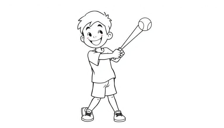 Placa de color: un niño sonriente listo para batear una pelota de béisbol.