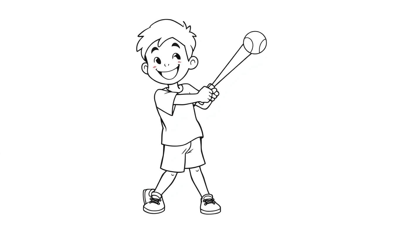 Placa de color: un niño sonriente listo para batear una pelota de béisbol.