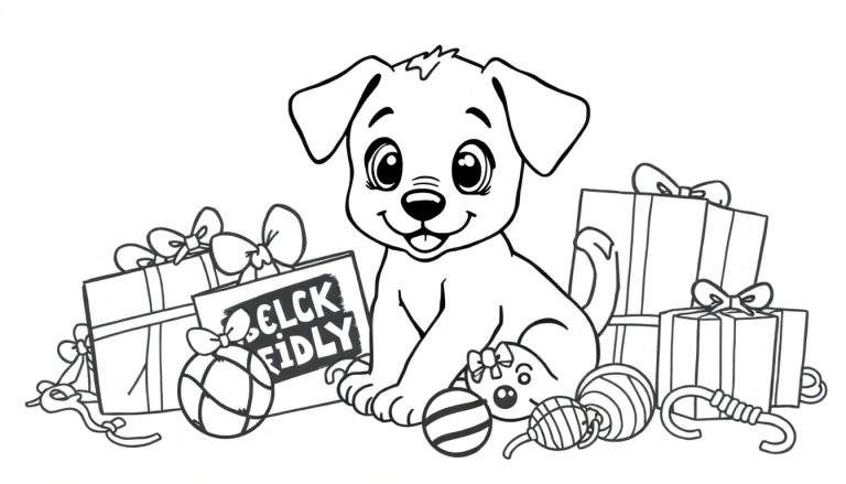 Un dibujo lineal en blanco y negro de un cachorro juguetón rodeado de regalos y juguetes para colorear, la placa de color que representa la alegría del Viernes Negro.