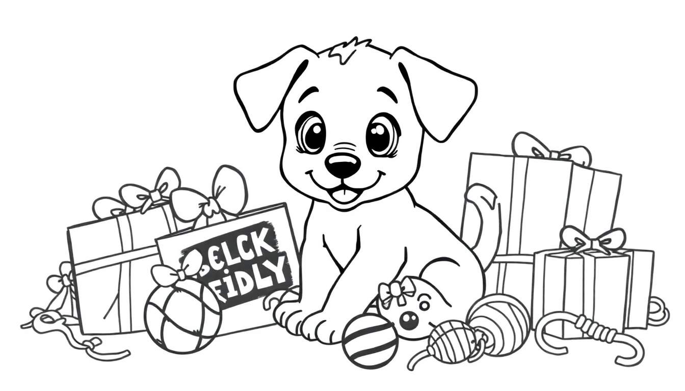 Un dibujo lineal en blanco y negro de un cachorro juguetón rodeado de regalos y juguetes para colorear, la placa de color que representa la alegría del Viernes Negro.