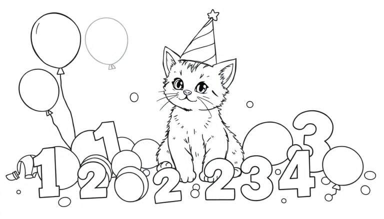 Placa de color de un gatito feliz con sombrero de fiesta y globos.