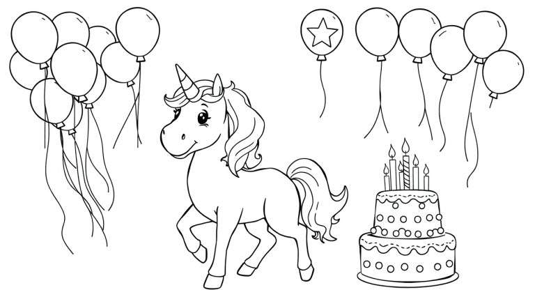 Placa de color de un unicornio mágico en una fiesta de cumpleaños.