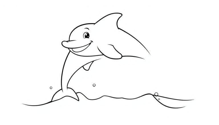 Un dibujo lineal de un delfín sonriente saltando fuera del agua, listo para colorear. Contiene la frase 'placa de color'.