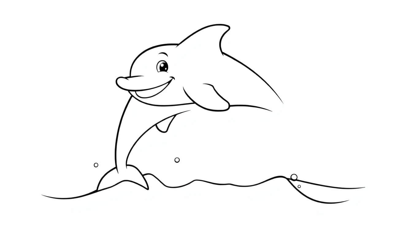Un dibujo lineal de un delfín sonriente saltando fuera del agua, listo para colorear. Contiene la frase 'placa de color'.