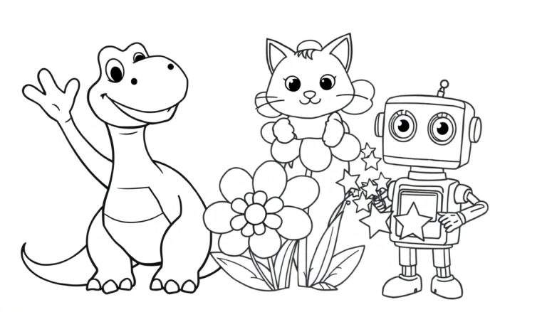 Placa de color con dinosaurio, flor, gato y robot saludando.
