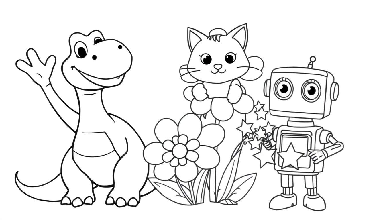 Placa de color con dinosaurio, flor, gato y robot saludando.
