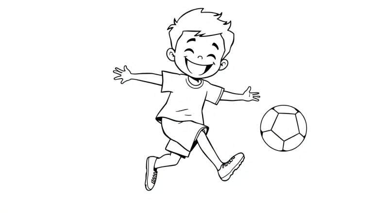 Una placa de color de un niño sonriente pateando una pelota de fútbol.