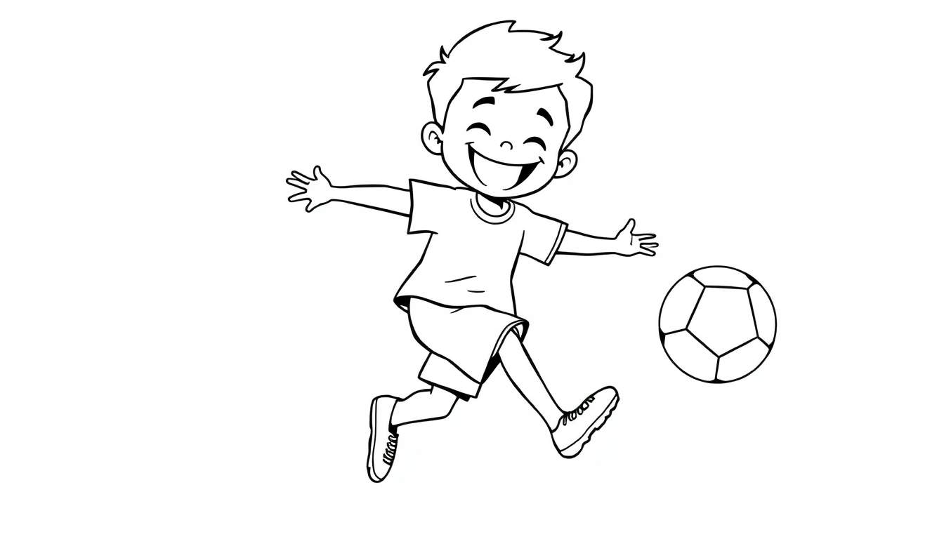 Una placa de color de un niño sonriente pateando una pelota de fútbol.