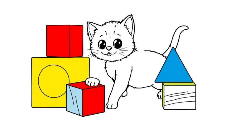 Gatito jugando con bloques de colores en una placa.