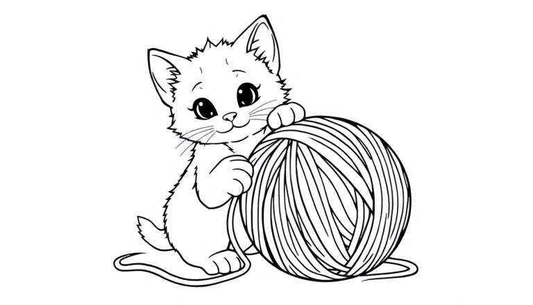 Placa de color de un lindo gatito jugando con un ovillo de lana.