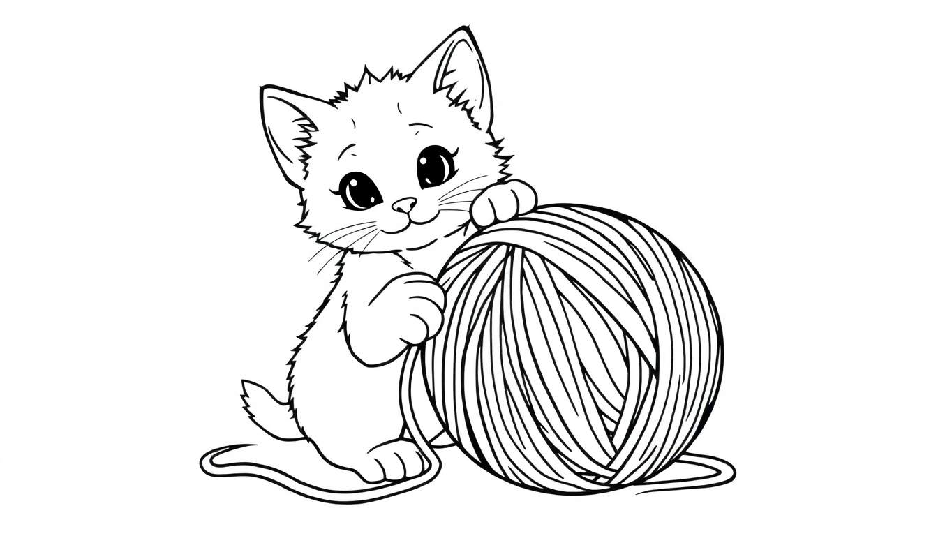 Placa de color de un lindo gatito jugando con un ovillo de lana.