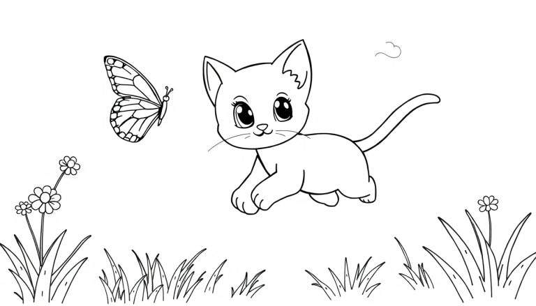 Placa de color: Un gatito persigue una mariposa.