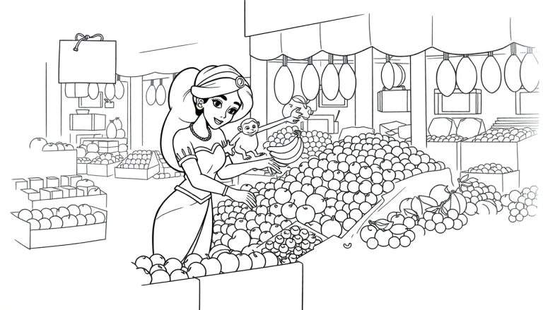 Placa de color para colorear de la Princesa Jasmín en un mercado de frutas con Abu.
