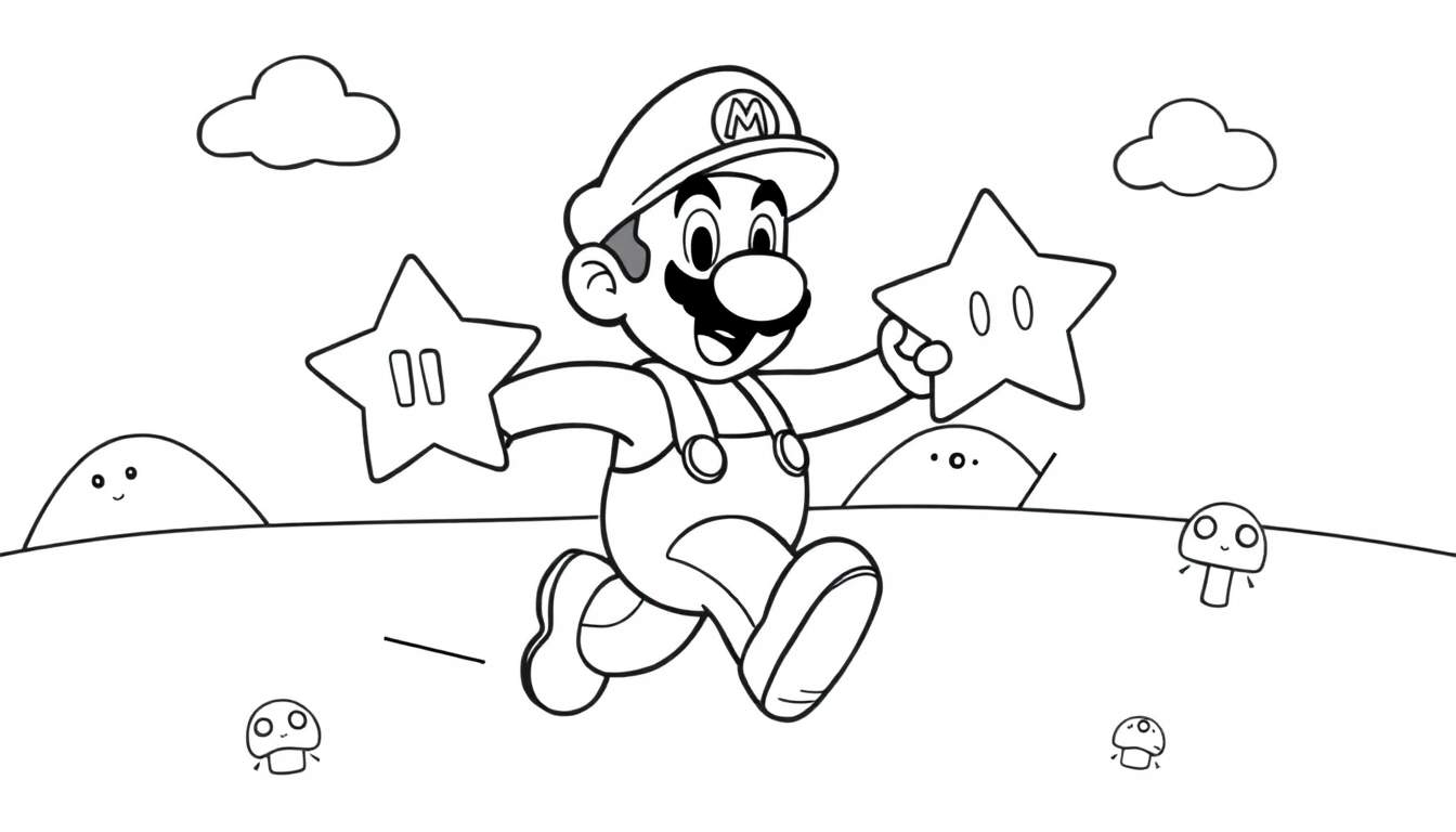Placa de color de Mario saltando con estrellas en el Reino Champiñón.