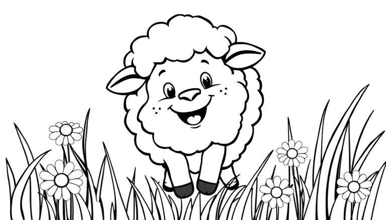 Una oveja sonriente y lanuda lista para ser coloreada en una placa de color.