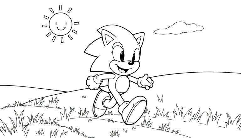 Sonic the Hedgehog corriendo en un paisaje, listo para colorear en una placa de color.