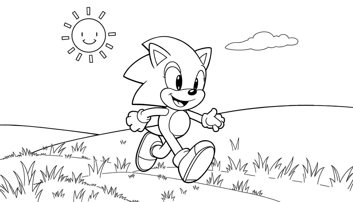 Sonic the Hedgehog corriendo en un paisaje, listo para colorear en una placa de color.
