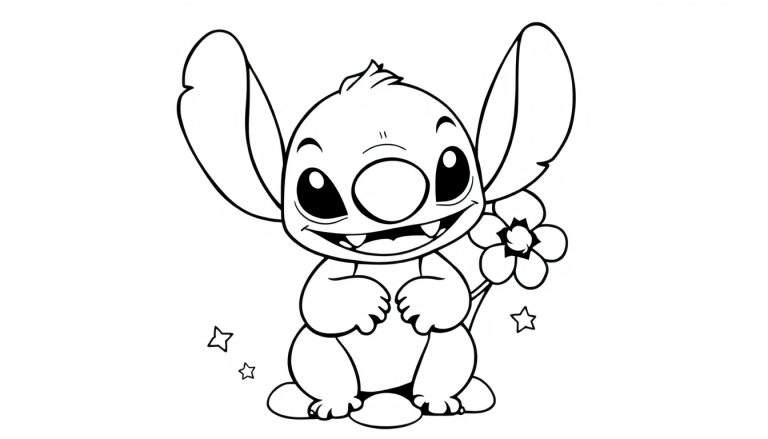 Dibujo lineal de Stitch sentado con una flor, listo para colorear en una placa de color.