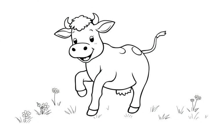 Una vaca sonriente de dibujos animados en una placa de color lista para pintar, rodeada de flores.