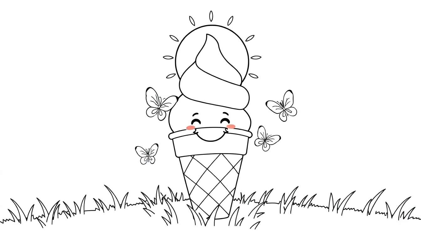 Placa de color de un helado feliz con mariposas y un sol.