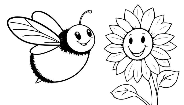 Placa de color de una abeja amigable volando hacia un girasol sonriente.