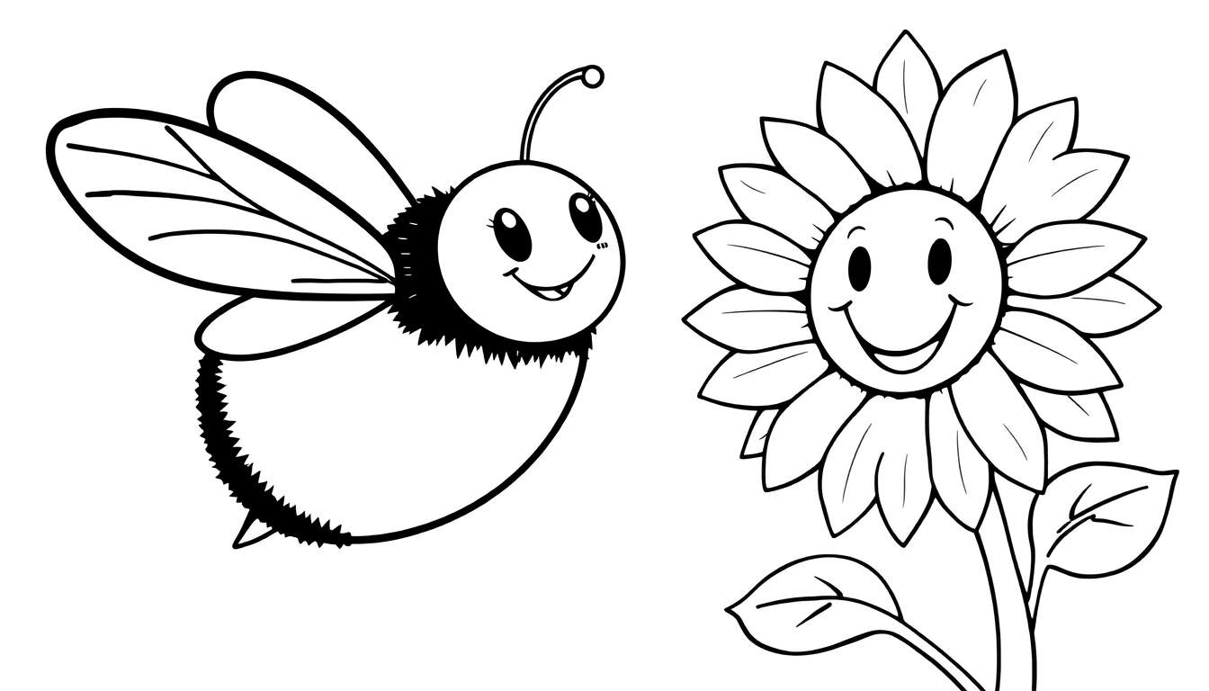 Placa de color de una abeja amigable volando hacia un girasol sonriente.