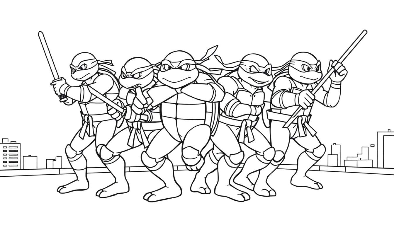 Placa de color de las Tortugas Ninja listas para la acción con sus armas.