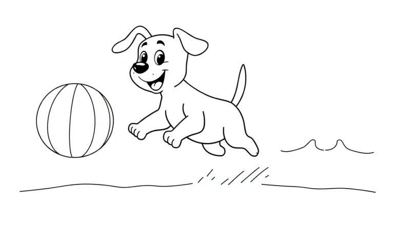 Placa de color de un perro de dibujos animados feliz persiguiendo una pelota en la hierba.