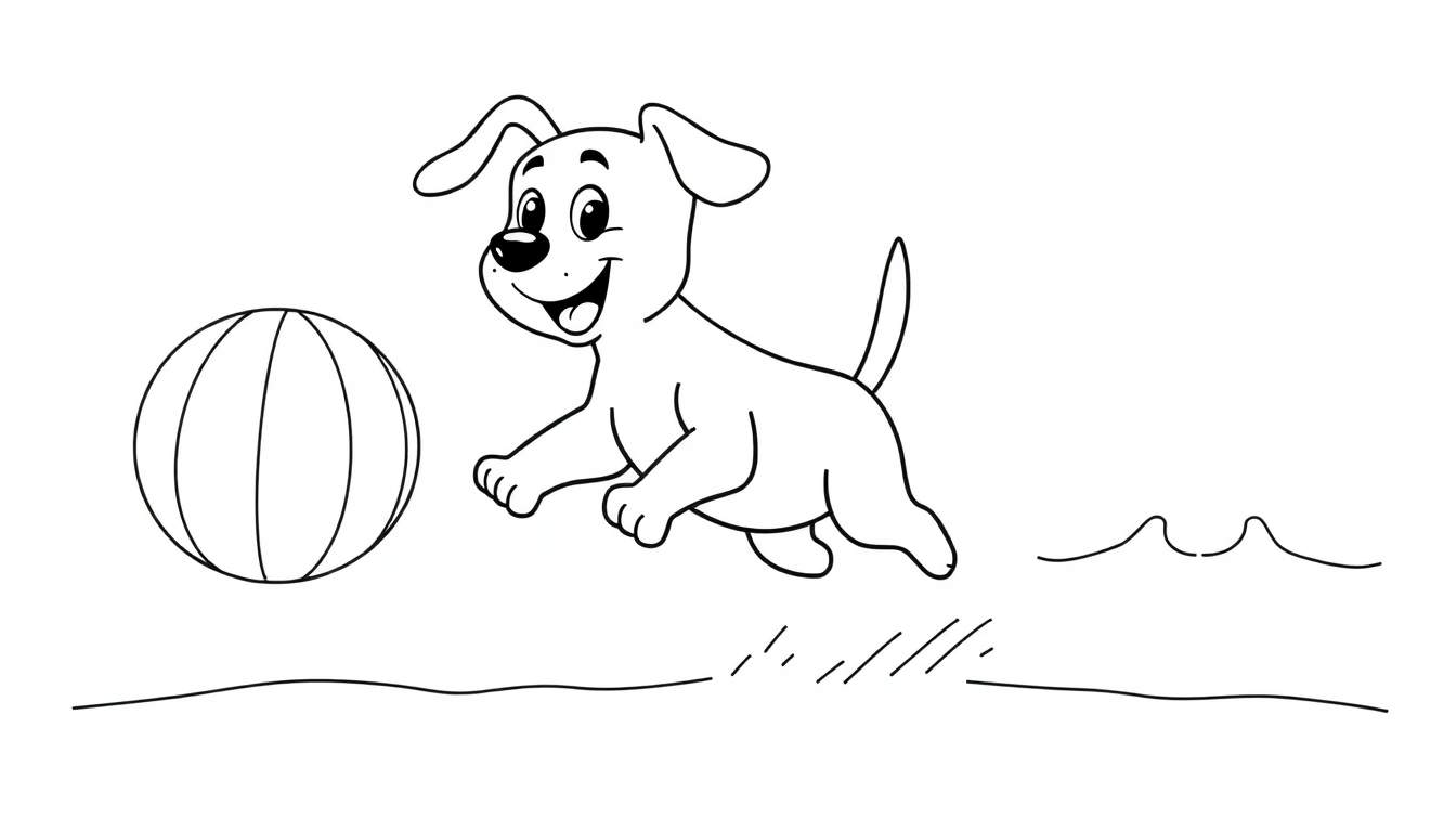 Placa de color de un perro de dibujos animados feliz persiguiendo una pelota en la hierba.