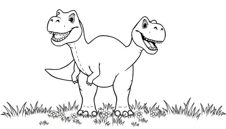 Placa de color de un dinosaurio T-Rex amigable de dos cabezas.