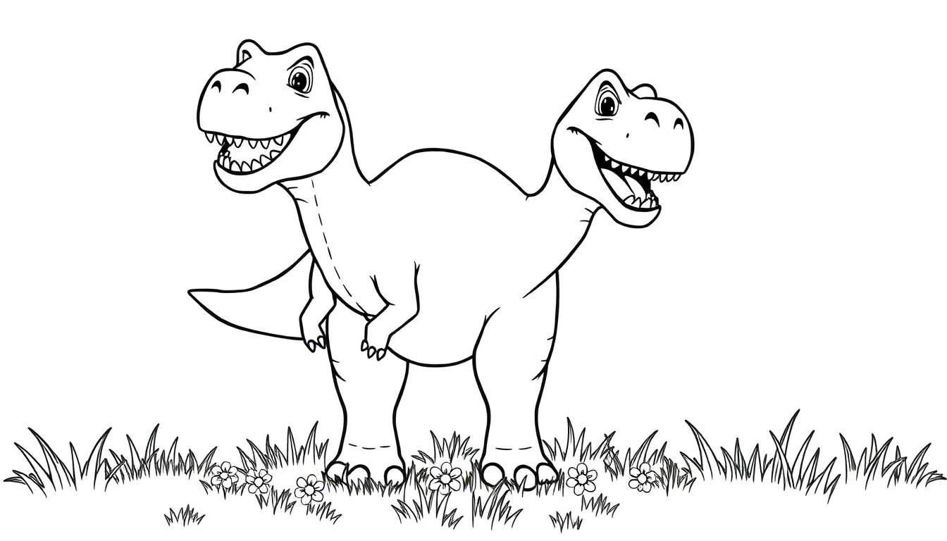 Placa de color de un dinosaurio T-Rex amigable de dos cabezas.