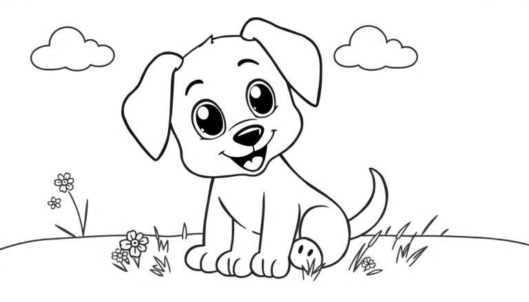 Placa de color de un cachorro de dibujos animados feliz sentado en un campo de flores.
