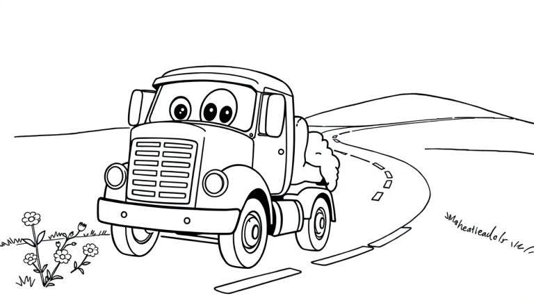 Camión de dibujos animados listo para colorear en una carretera rural, un libro para colorear.