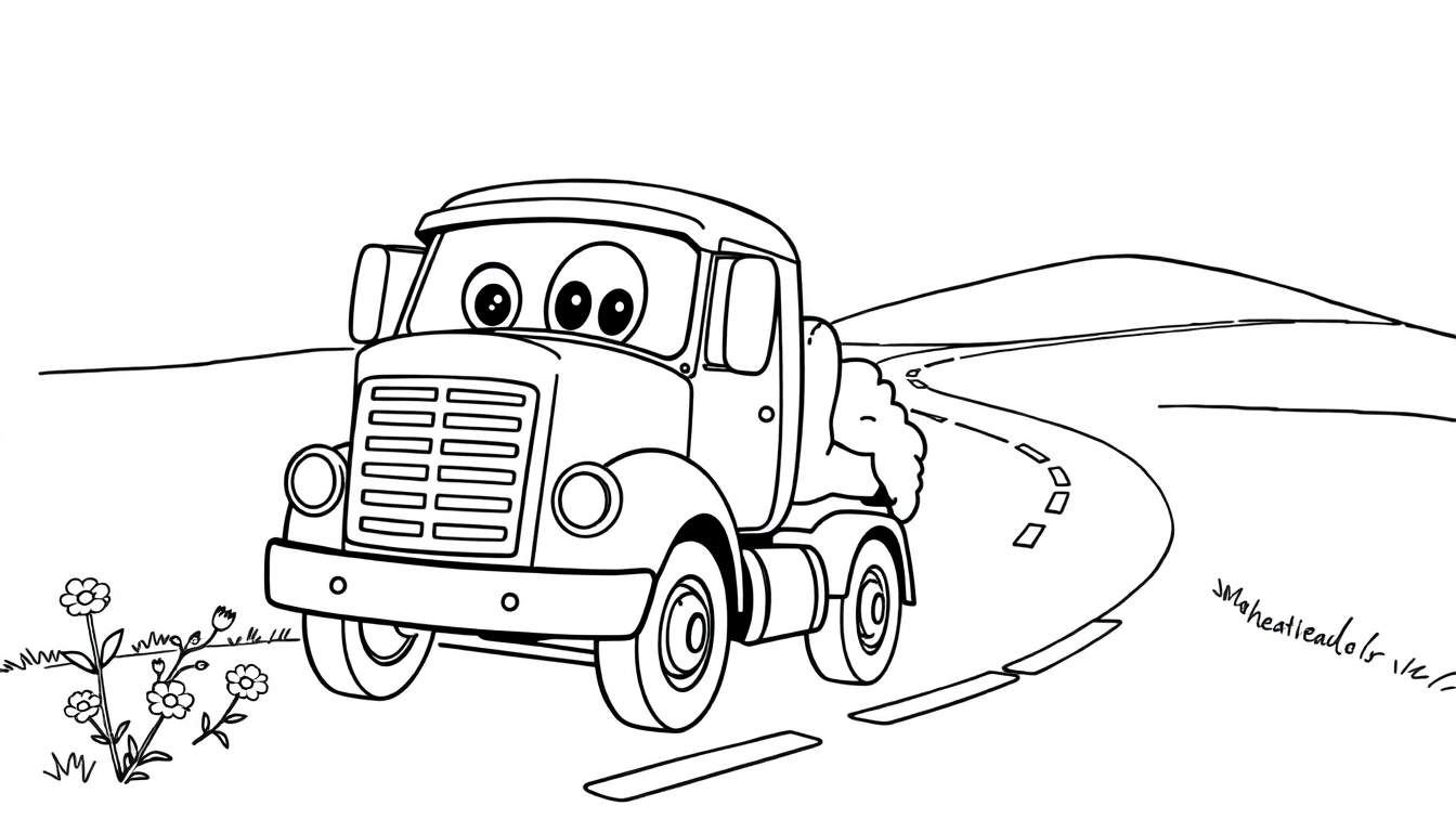 Camión de dibujos animados listo para colorear en una carretera rural, un libro para colorear.