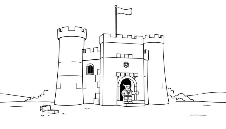 Placa de color de un castillo de dibujos animados en blanco y negro con un rey o caballero en la entrada.