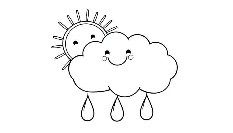 Placa de color de un sol sonriente y una nube con gotas de lluvia felices.