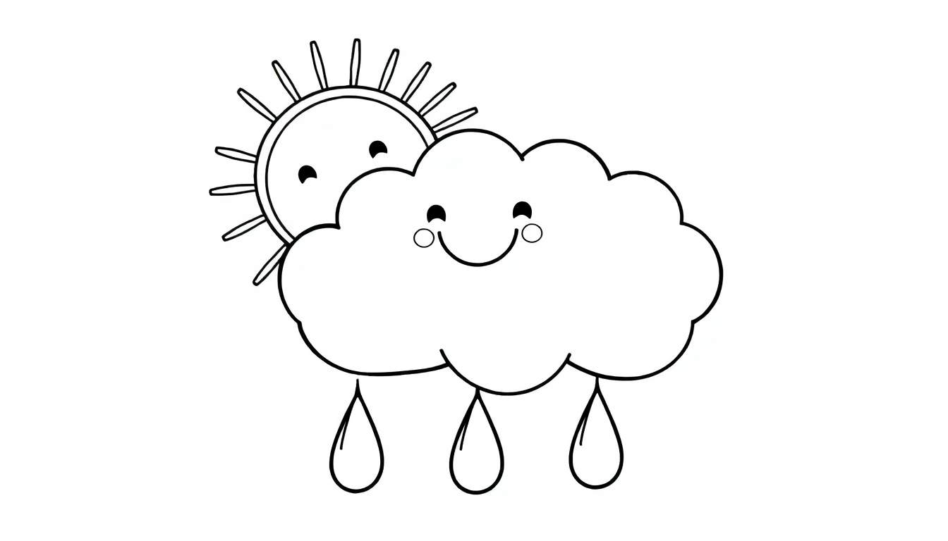 Placa de color de un sol sonriente y una nube con gotas de lluvia felices.