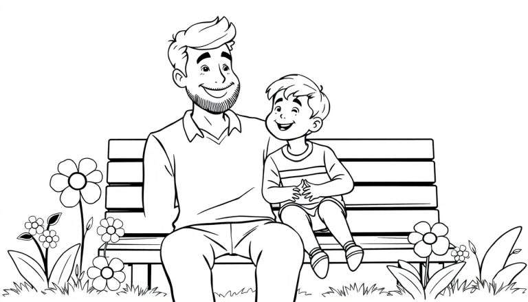 Placa de color de un padre y un hijo sentados en un banco en un jardín.