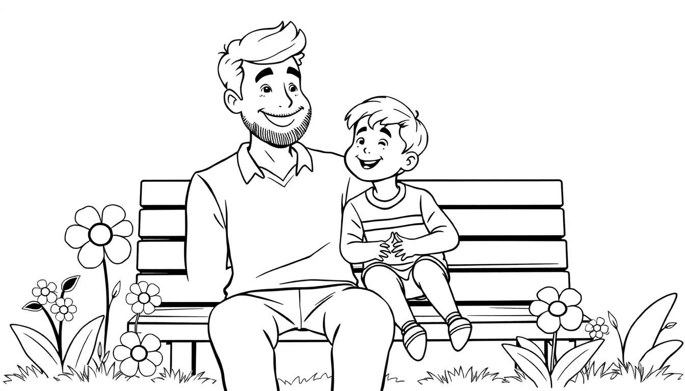 Placa de color de un padre y un hijo sentados en un banco en un jardín.