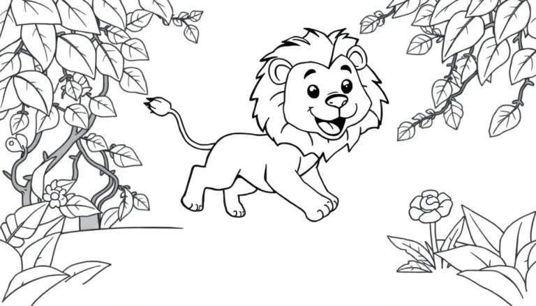 Placa de color de un león de dibujos animados feliz en la jungla.