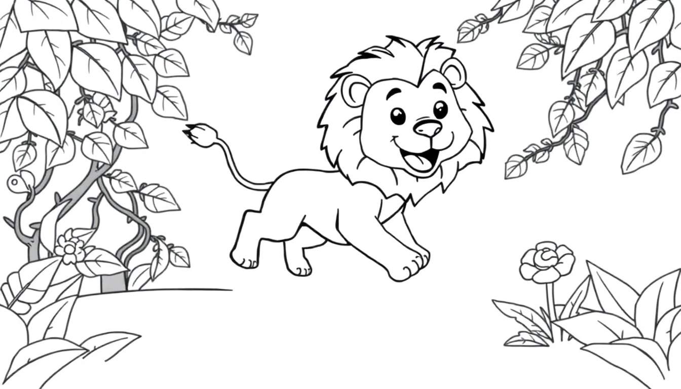 Placa de color de un león de dibujos animados feliz en la jungla.
